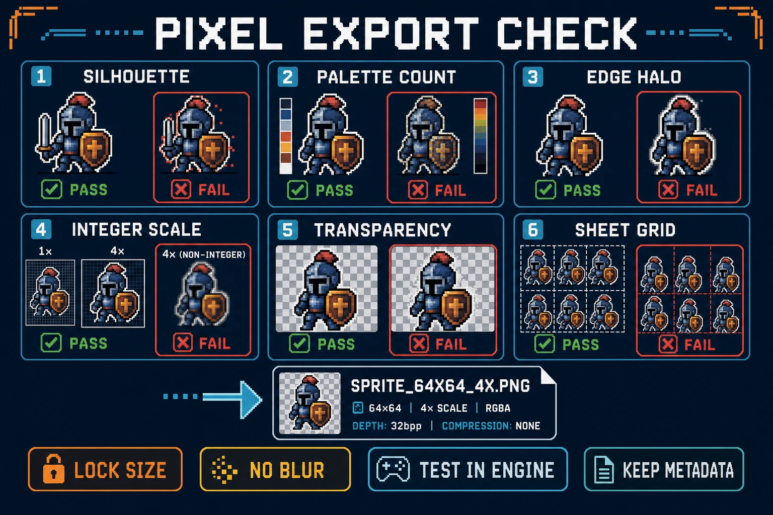 Pixel export checklist for convert image to pixel art covering silhouette palette edges integer scale transparency and sheet grid