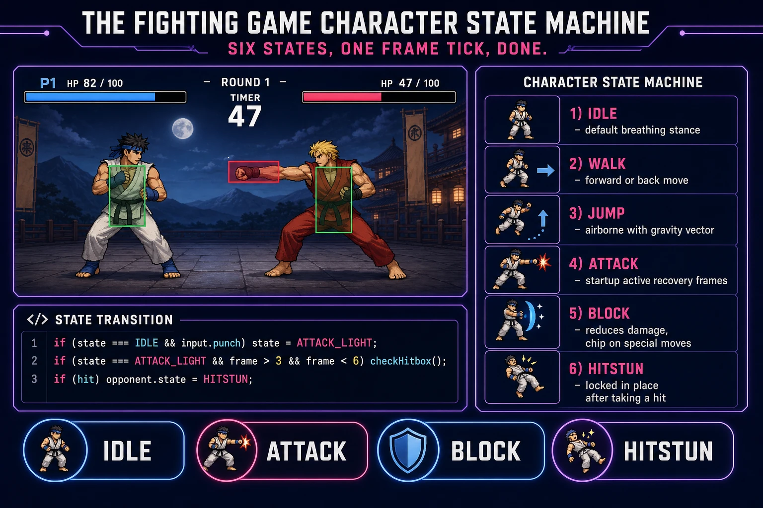 Character state machine cheat sheet for a 2D fighting game: idle, walk, jump, attack, block, hitstun states with transition rules and a hitbox versus hurtbox illustration