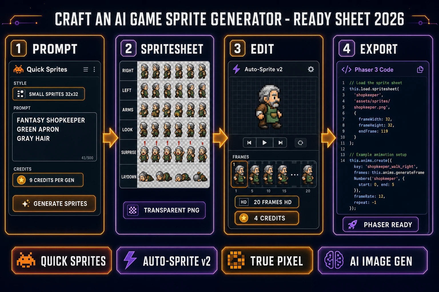 Craft an ai game sprite generator ready sheet 2026: four-panel Sorceress pipeline showing a Quick Sprites prompt, a transparent-background PNG grid, an Auto-Sprite v2 frame strip, and a Phaser this.load.spritesheet call