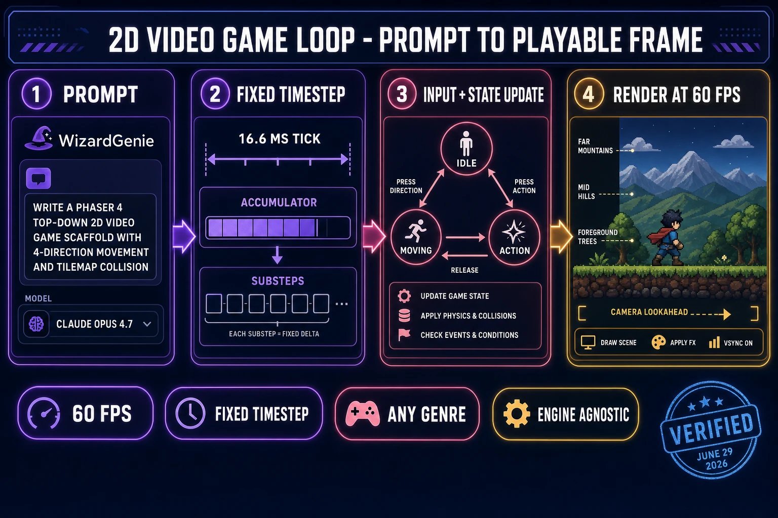 Game loop product diagram showing four numbered steps - prompt to WizardGenie, fixed-timestep simulation, input handling and state update, and 60 FPS render loop - all feeding a Phaser or Godot export, verified June 29, 2026