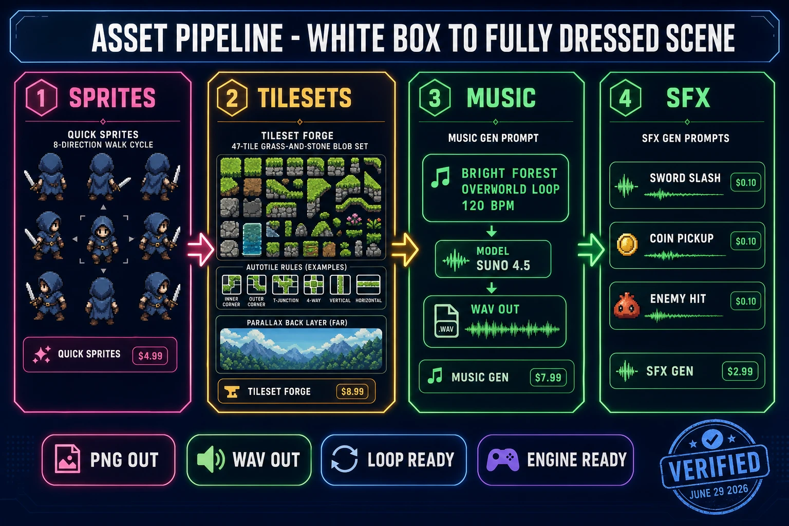 Asset pipeline diagram for how to make a 2D video game showing four panels - Quick Sprites walk cycle, Tileset Forge 47-tile blob set with parallax layer, Music Gen biome loop, and SFX Gen one-shots - all engine-ready, verified June 29, 2026