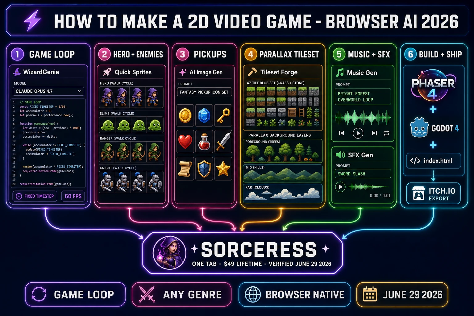 How to make a 2D video game in 2026 - browser AI pipeline with run loop, hero sprites, tilesets, music, SFX, and Phaser or Godot ship target verified June 29, 2026