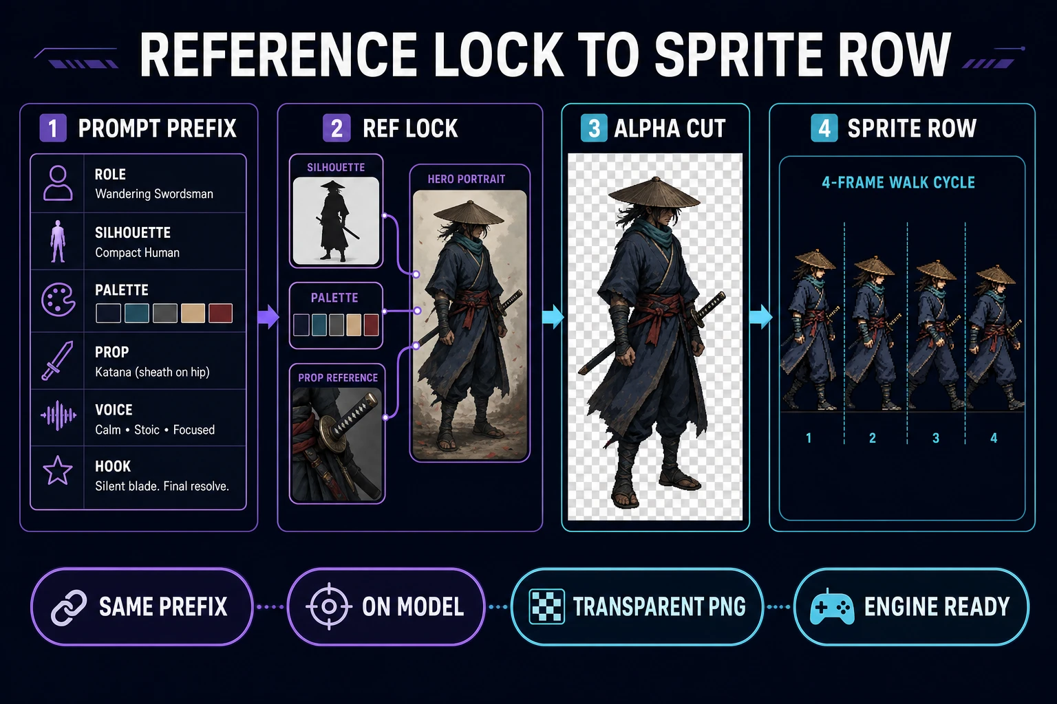 Reference-locked AI Image Gen faces handing off to BG Remover and Quick Sprites for a game roster