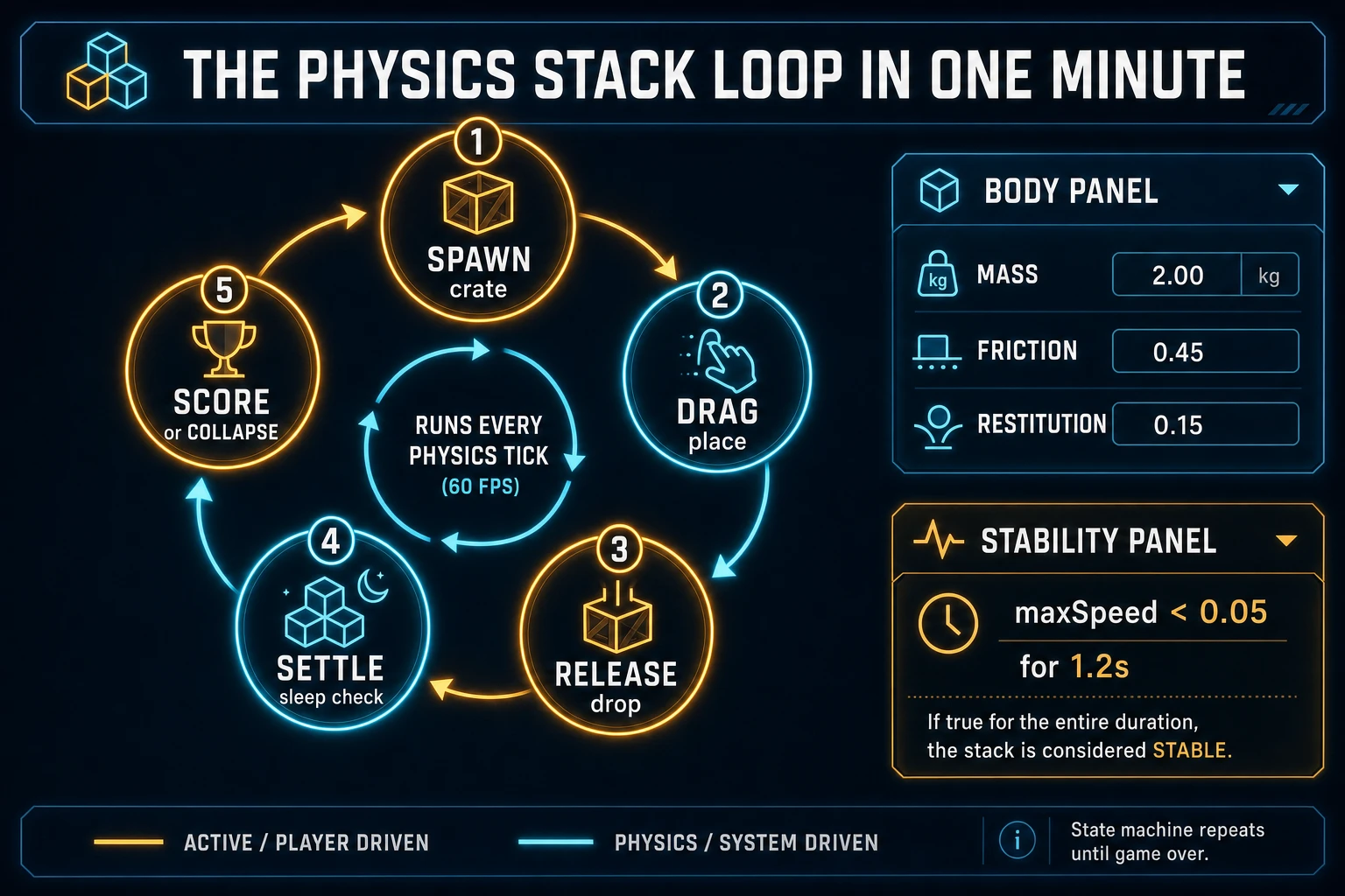 Physics game loop state machine diagram showing spawn crate, drag place, release drop, settle sleep check, and score or collapse