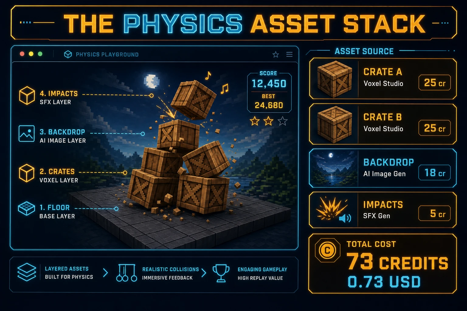 Physics game asset stack diagram showing Voxel Studio crates, AI Image Gen backdrop, and SFX Gen impact cues with 73 credit total