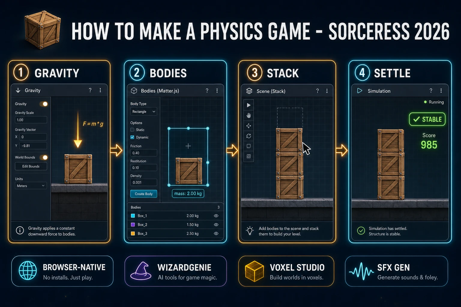 How to make a physics game browser pipeline: wire gravity, rigid bodies, and stack stability in WizardGenie, then ship a browser stack loop
