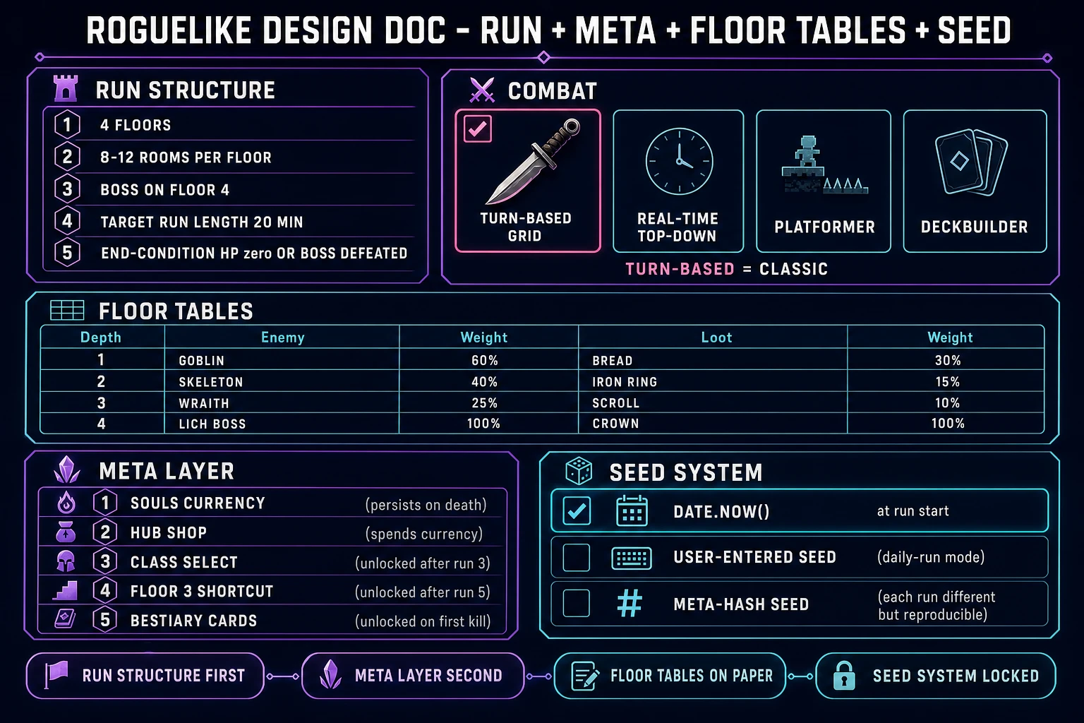 Roguelike design doc showing run structure, combat system, floor loot tables, meta layer unlocks, and seed system laid out on one dashboard