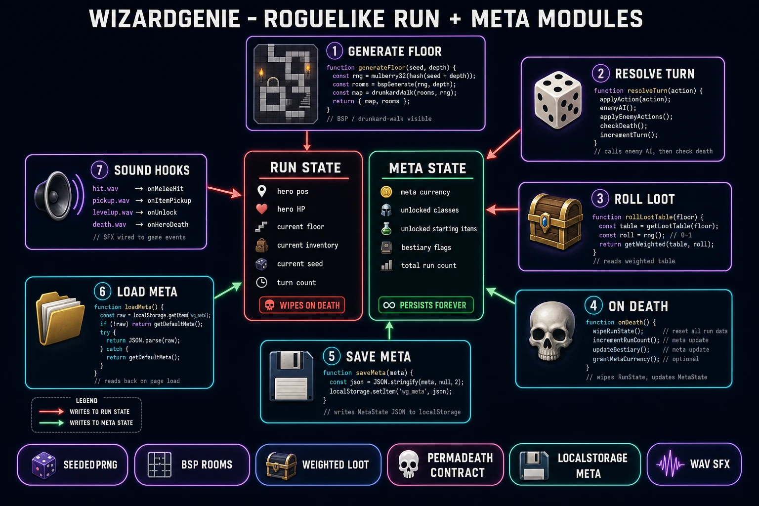 WizardGenie roguelike code architecture with seven modules: run state, meta state, floor generator, turn resolver, death handler, meta save, sound hooks