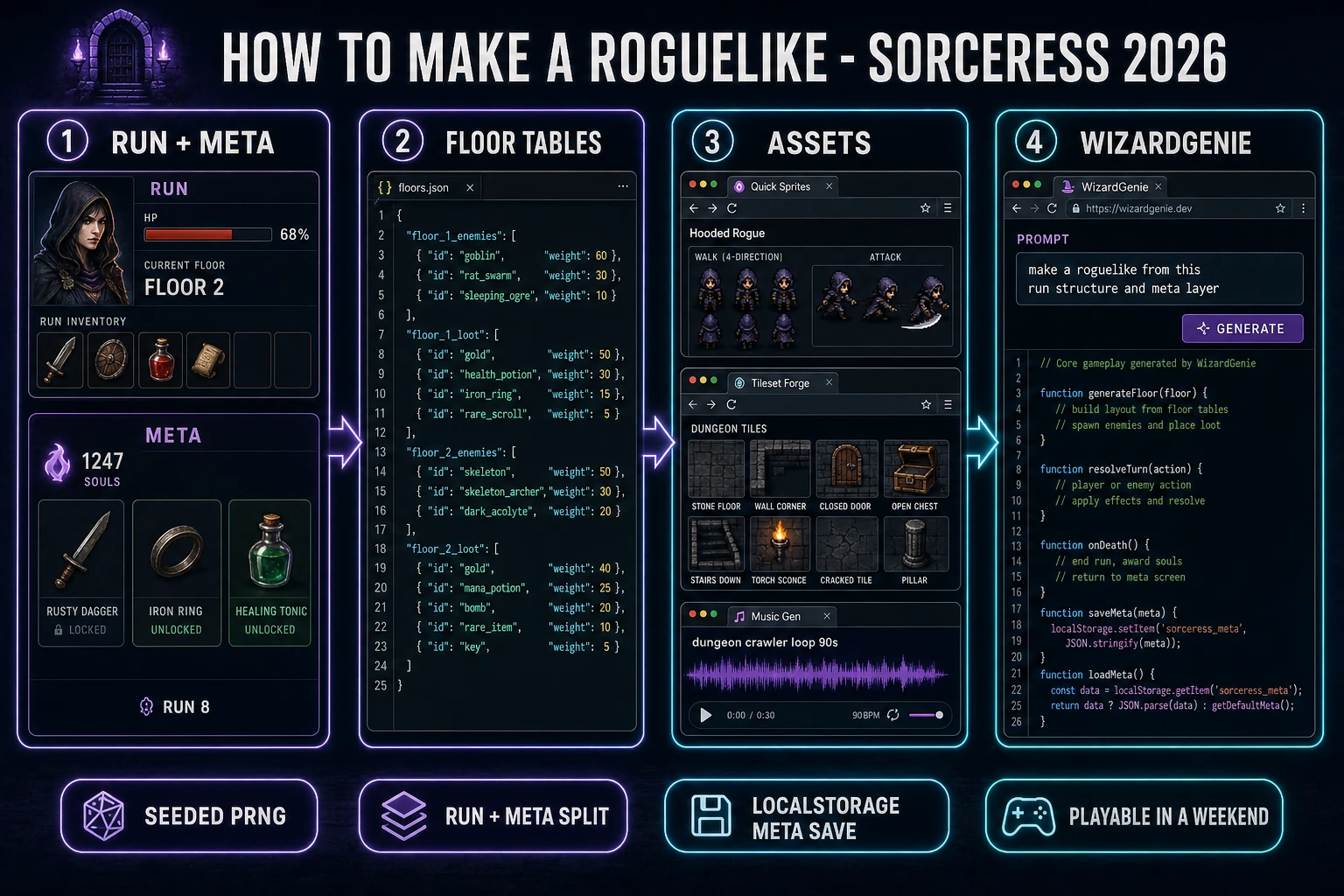 How to make a roguelike pipeline: design run and meta loops, generate procedural asset pack in Sorceress, let WizardGenie code the browser dungeon crawler