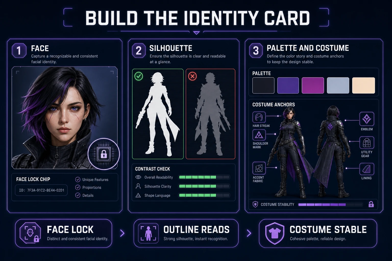 Identity card panels for face lock, silhouette readability, and costume palette anchors