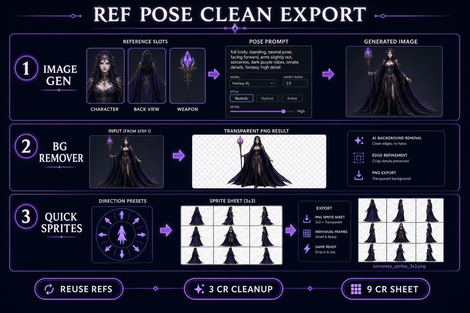 Reference pose generation, BG Remover cleanup, and Quick Sprites sheet export for consistent characters