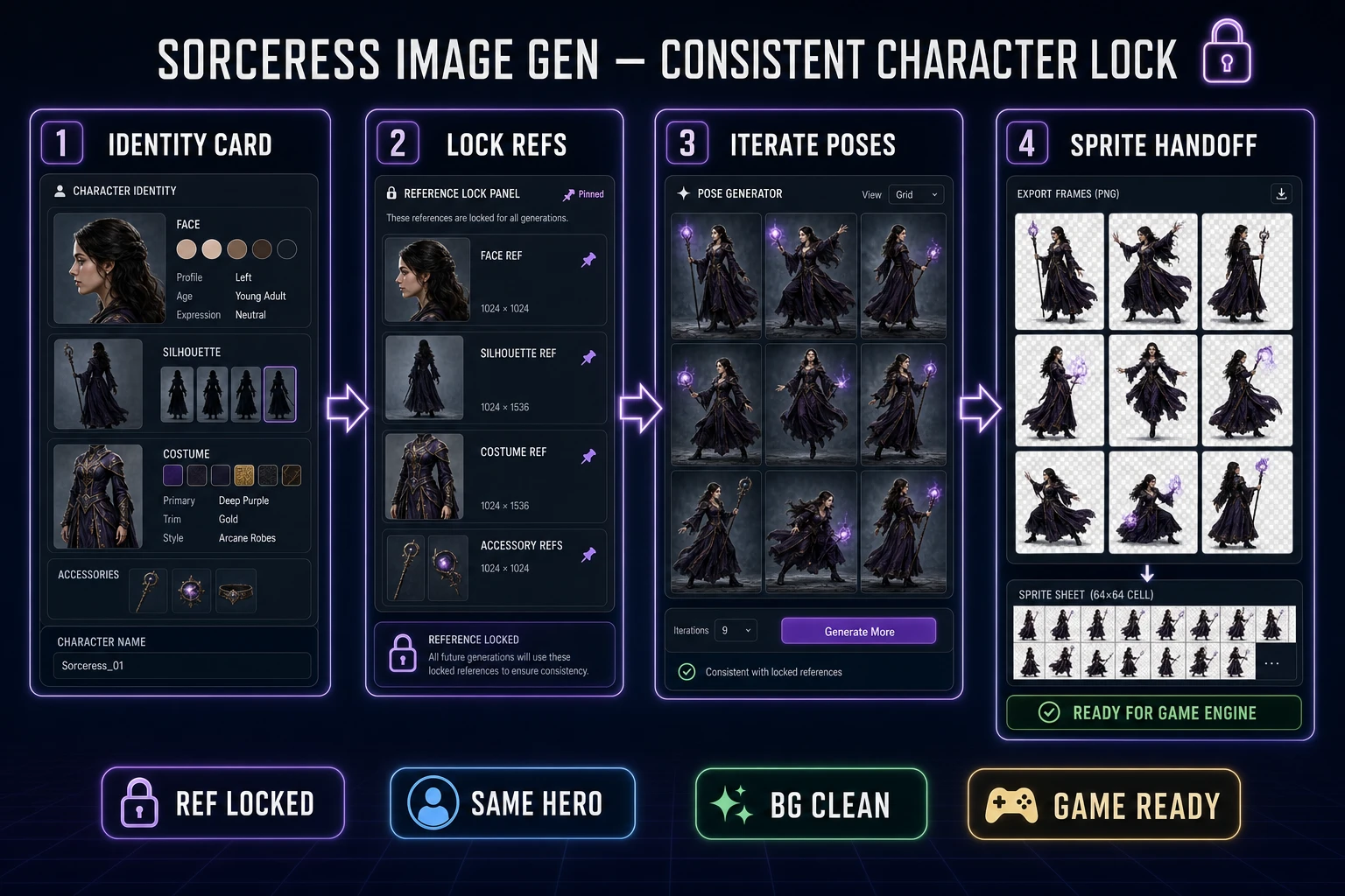 Consistent character AI image generator pipeline from identity card through reference lock to sprite handoff