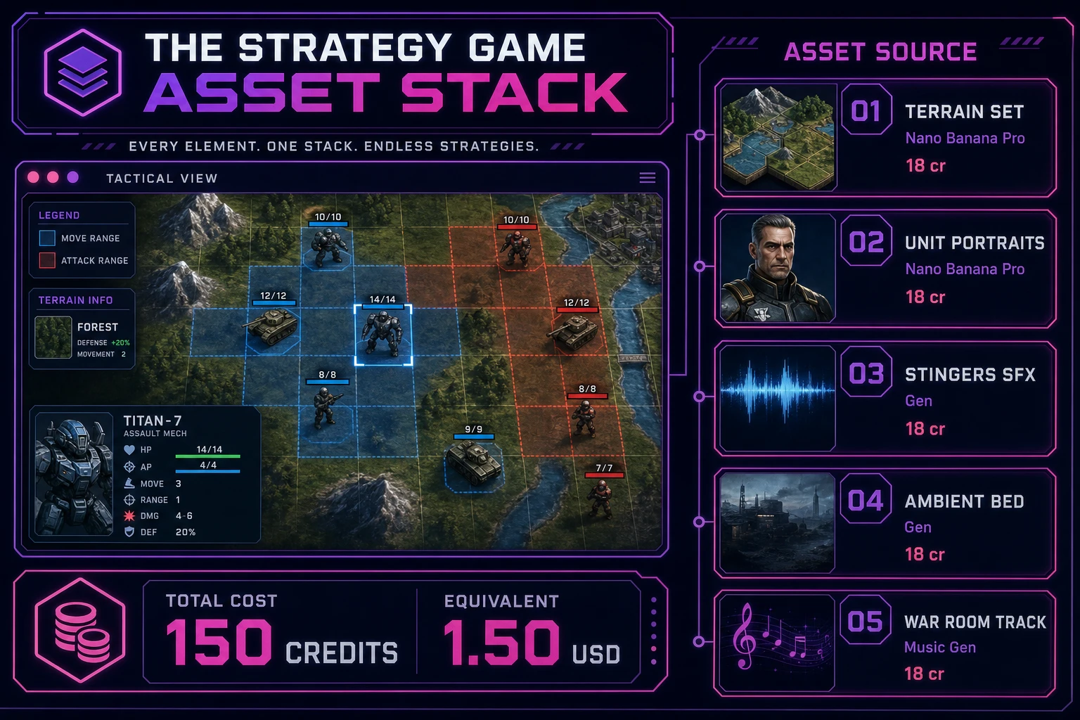 Strategy game asset stack showing a browser tactics grid next to asset tiles for terrain, unit portraits, stingers, ambient bed, and music tracks