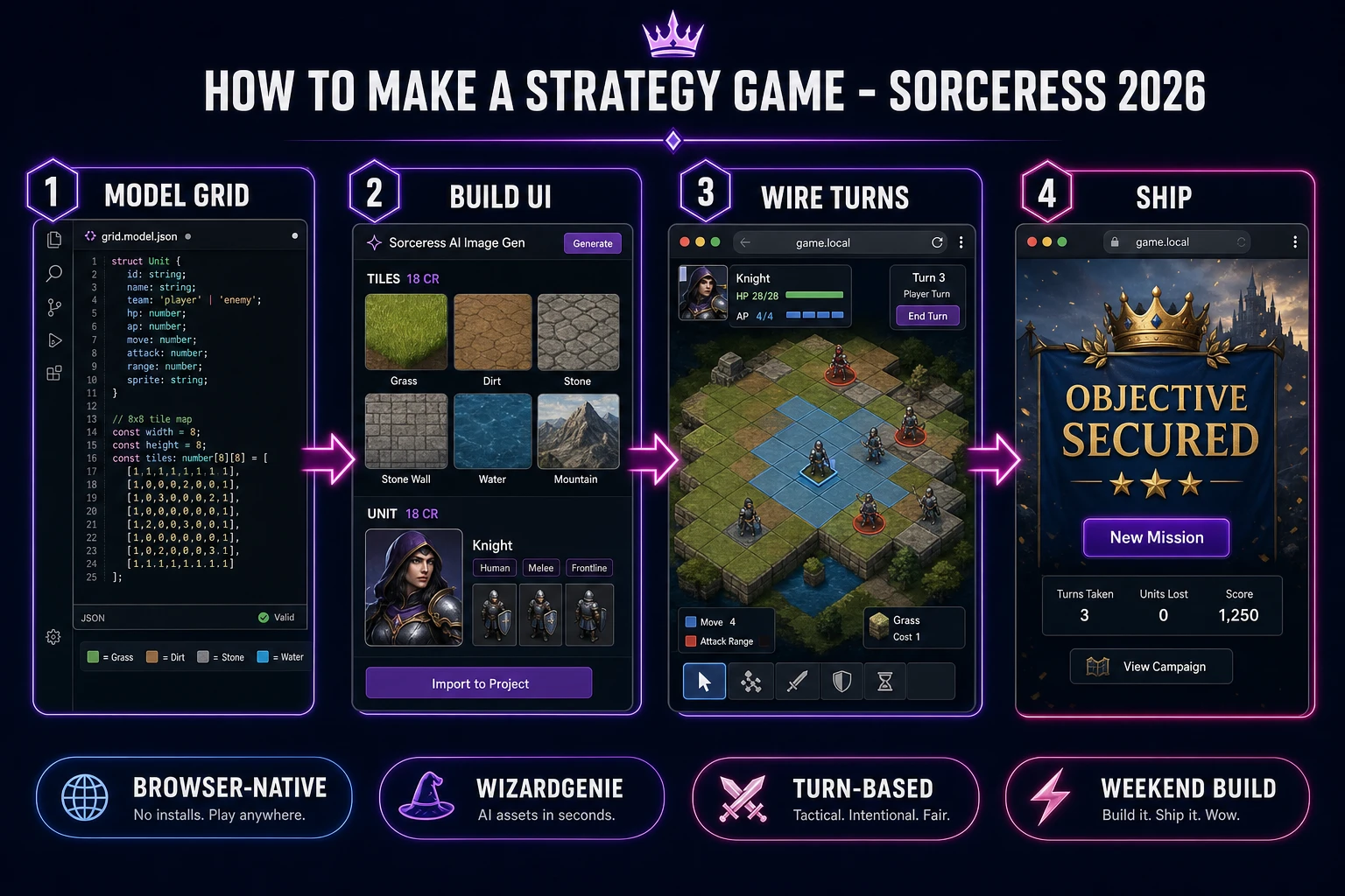 How to make a strategy game browser pipeline: model a turn-based grid with units, wire pathfinding in WizardGenie, and ship a browser tactics build