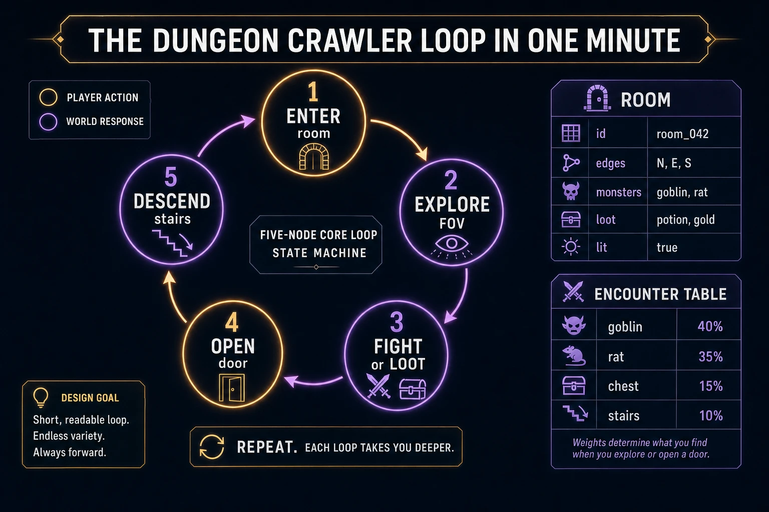Dungeon crawler loop state machine diagram showing enter room, explore FOV, fight or loot, open door, and descend stairs