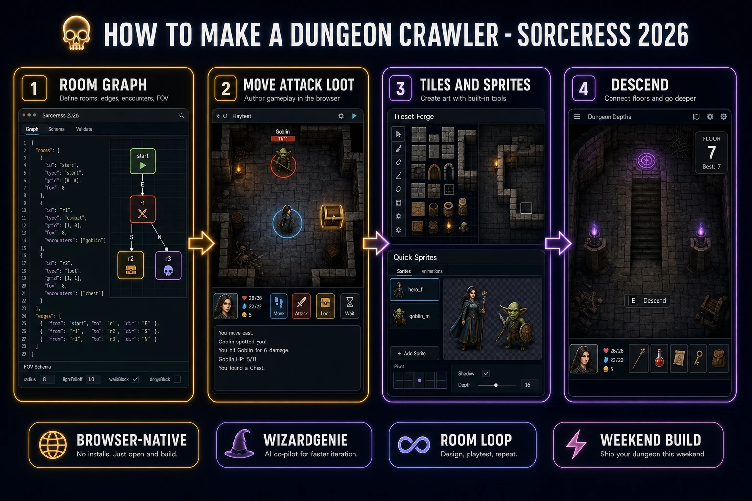 How to make a dungeon crawler browser pipeline: model a room graph, wire move-attack-loot in WizardGenie, add Tileset Forge floors and Quick Sprites