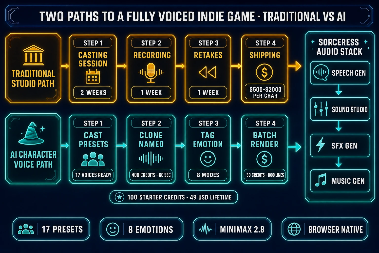 Two paths to a fully voiced indie game - traditional voice acting studio path versus character AI voice generator path showing the cost time and iteration deltas