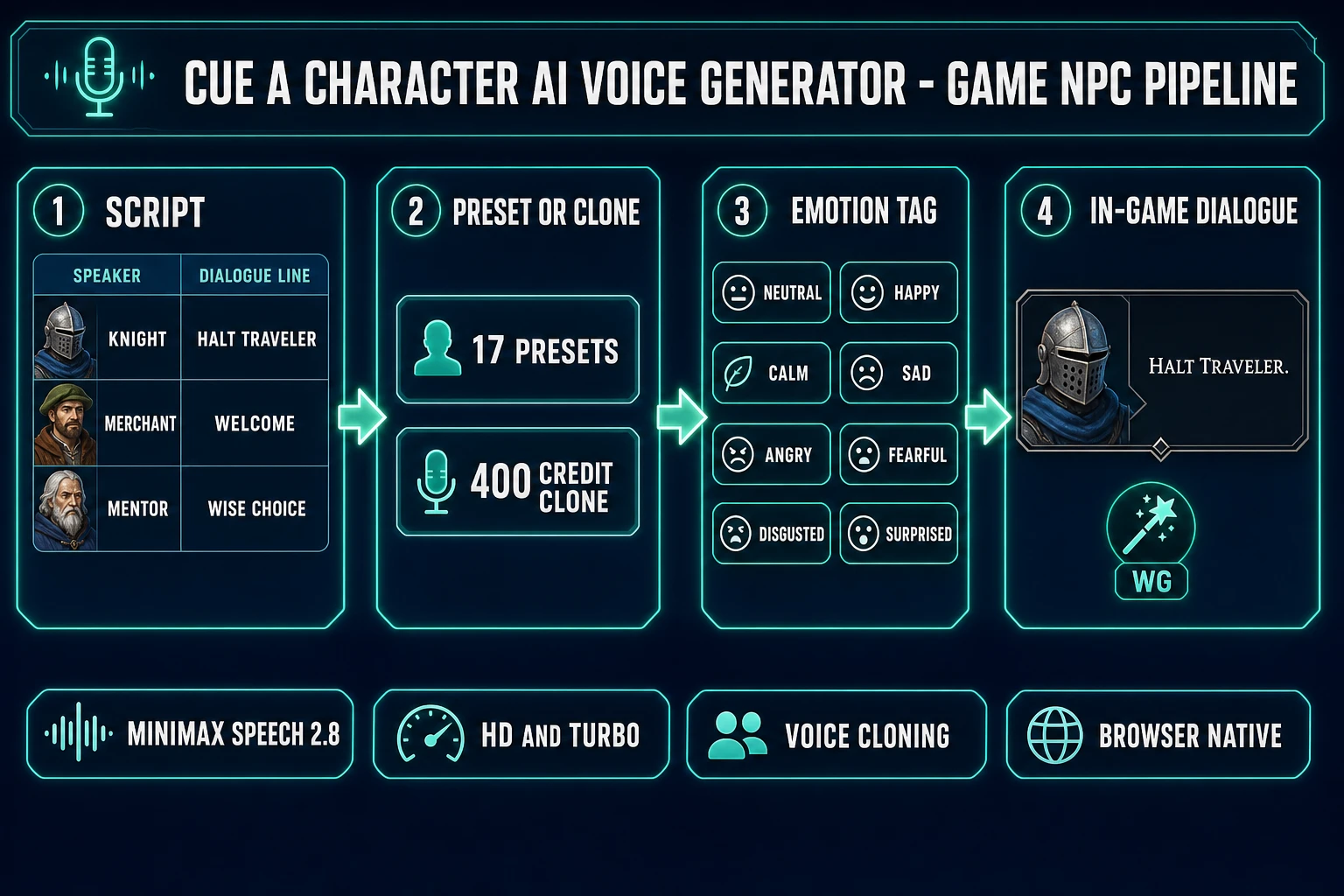 Character AI voice generator game NPC pipeline - 4-step path from dialogue script to preset voice or voice clone to emotion-tagged audio to in-game dialogue trigger