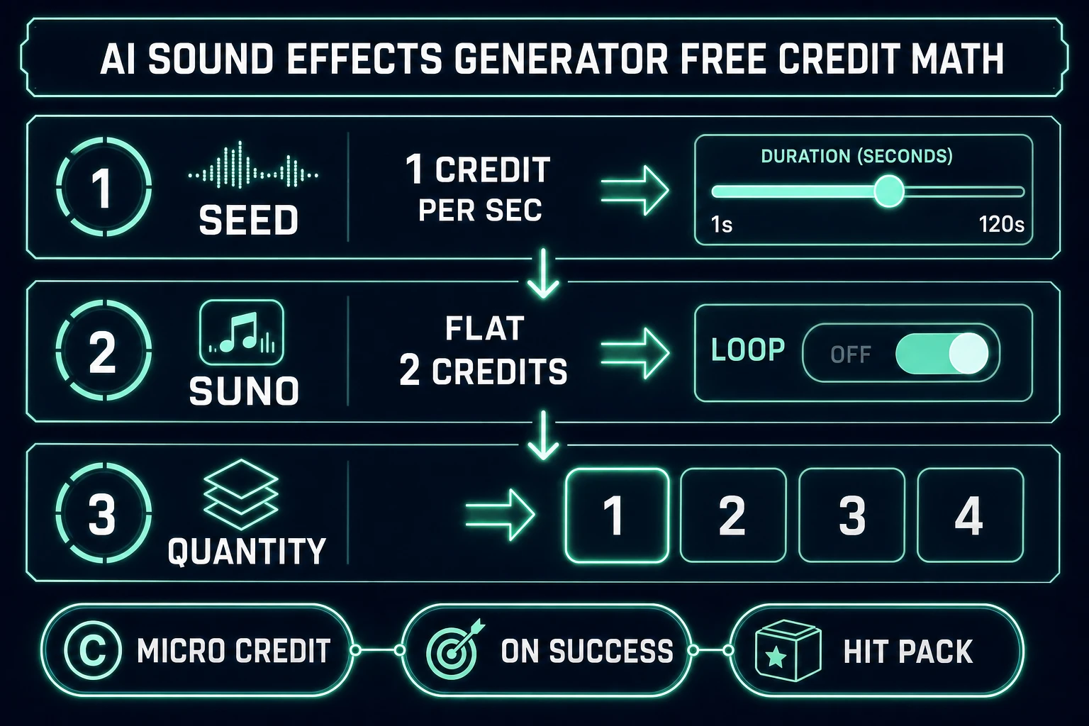 AI sound effects generator free credit math: Seed Audio per second, Suno flat 2, quantity 1-4