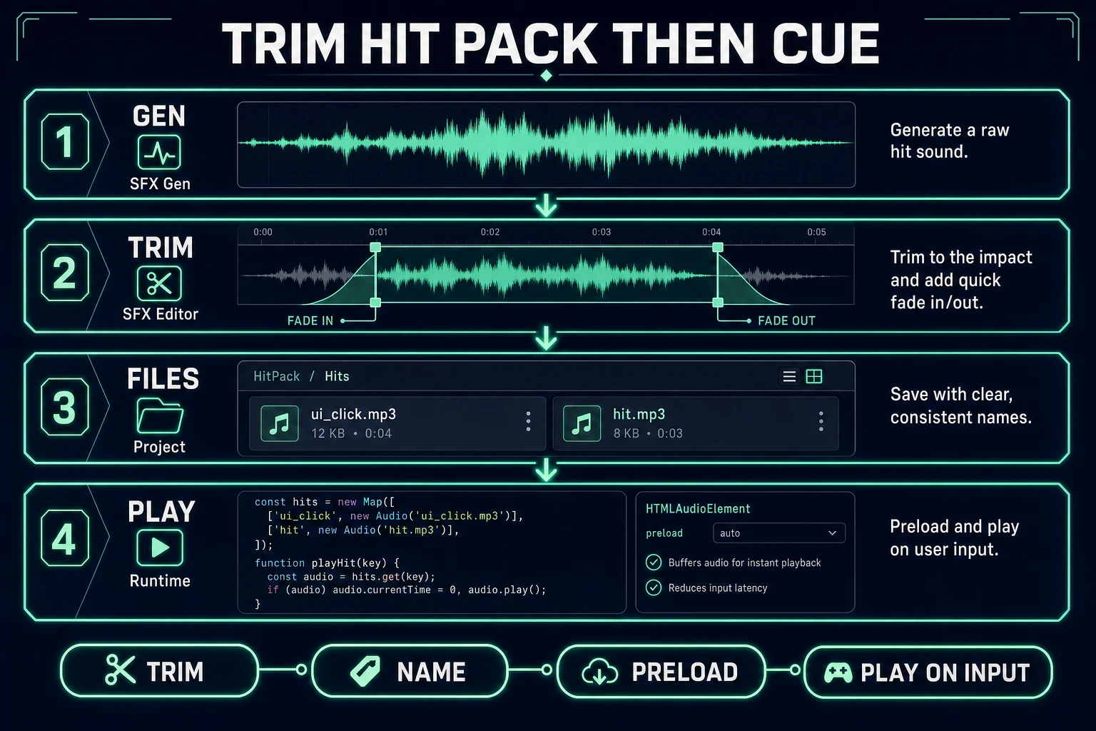 Trim hit pack then cue: SFX Gen waveform, SFX Editor crop, named mp3 files, HTMLAudioElement preload