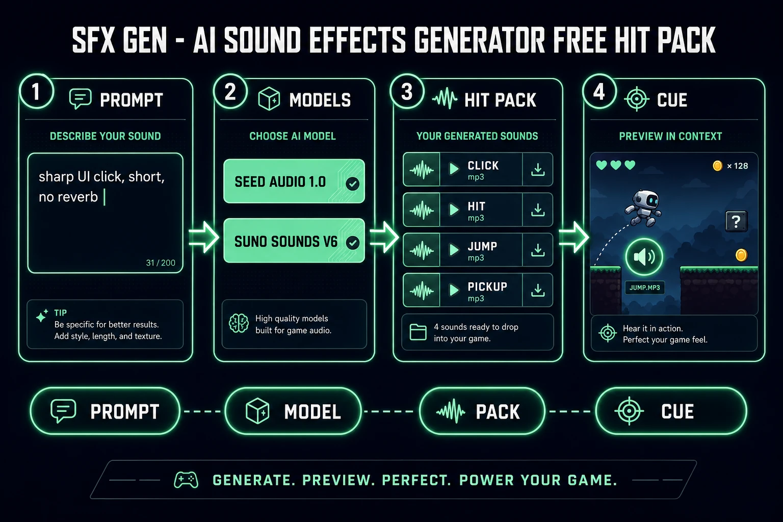 AI sound effects generator free hit pack pipeline: prompt, SFX Gen models, four mp3 cards, engine cue