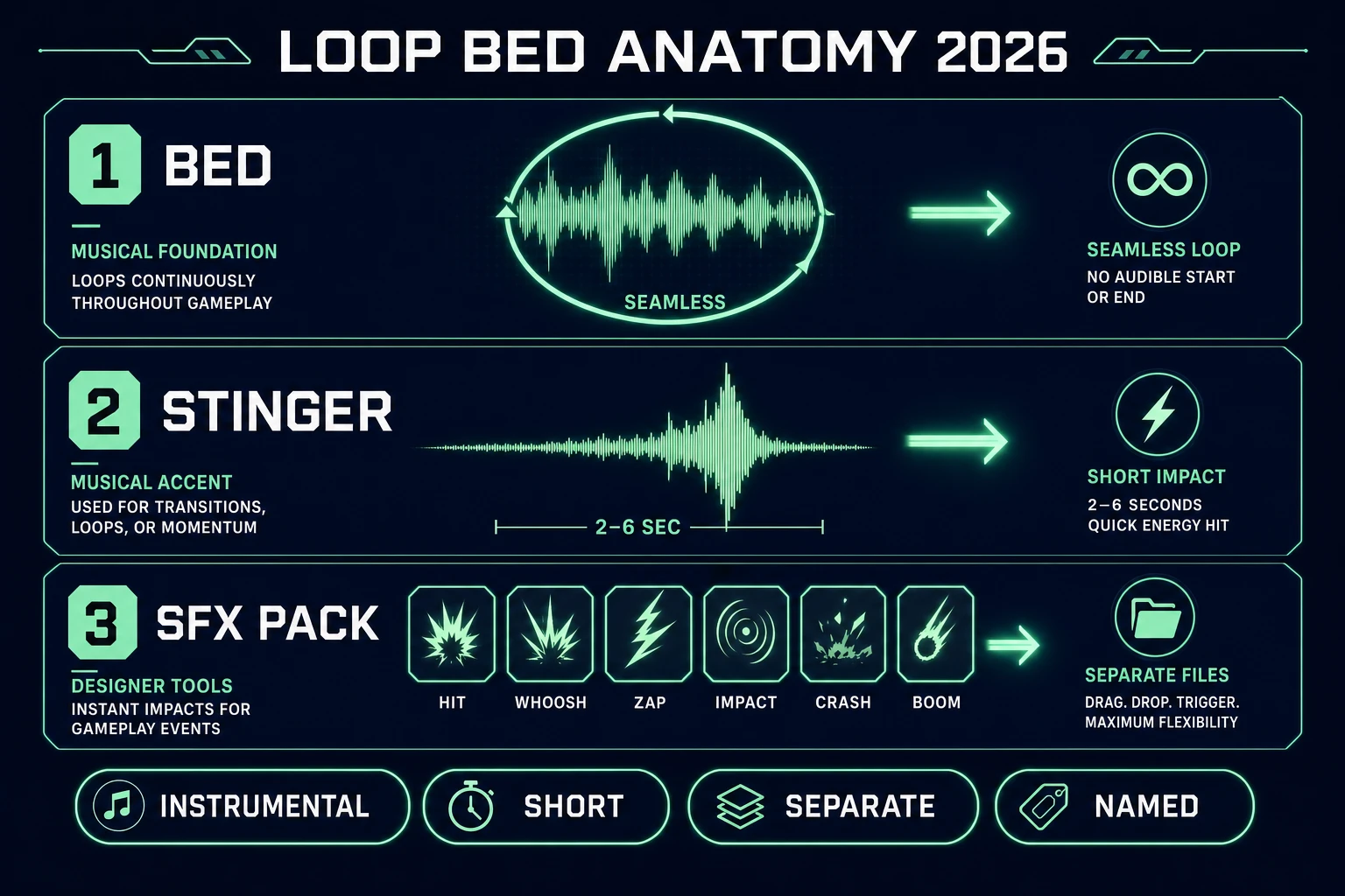 Loop bed anatomy for how to make music for a game: bed, stinger, separate SFX pack