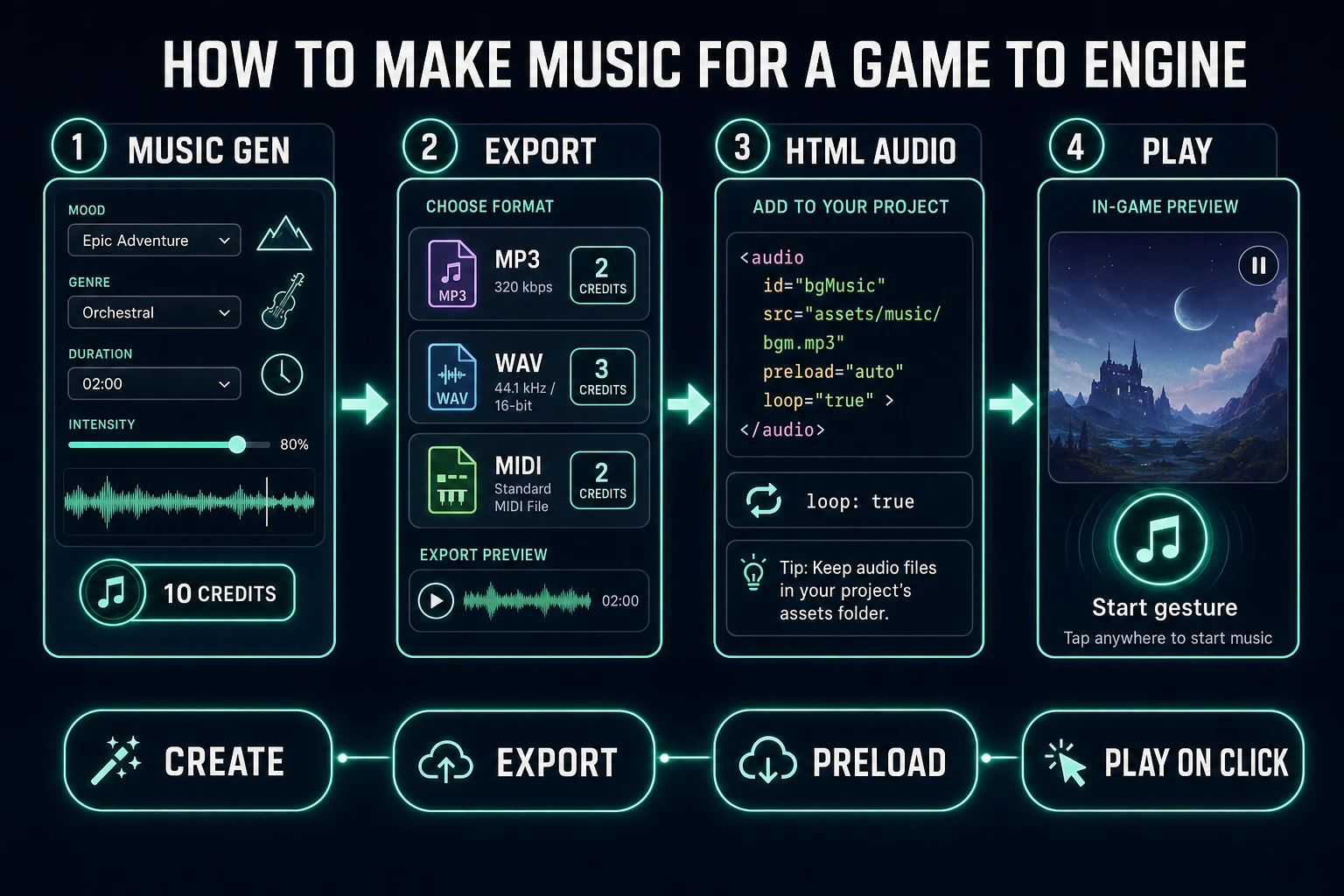 How to make music for a game export and cue: Music Gen, export costs, HTMLAudioElement loop, Start gesture