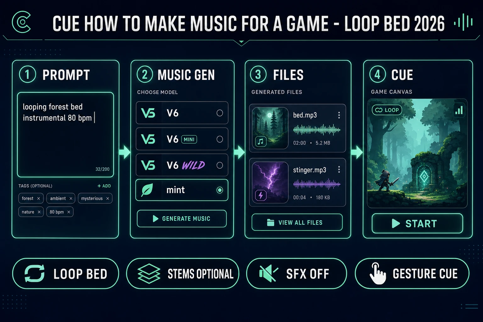 How to make music for a game pipeline: prompt, Music Gen models, named files, engine loop cue