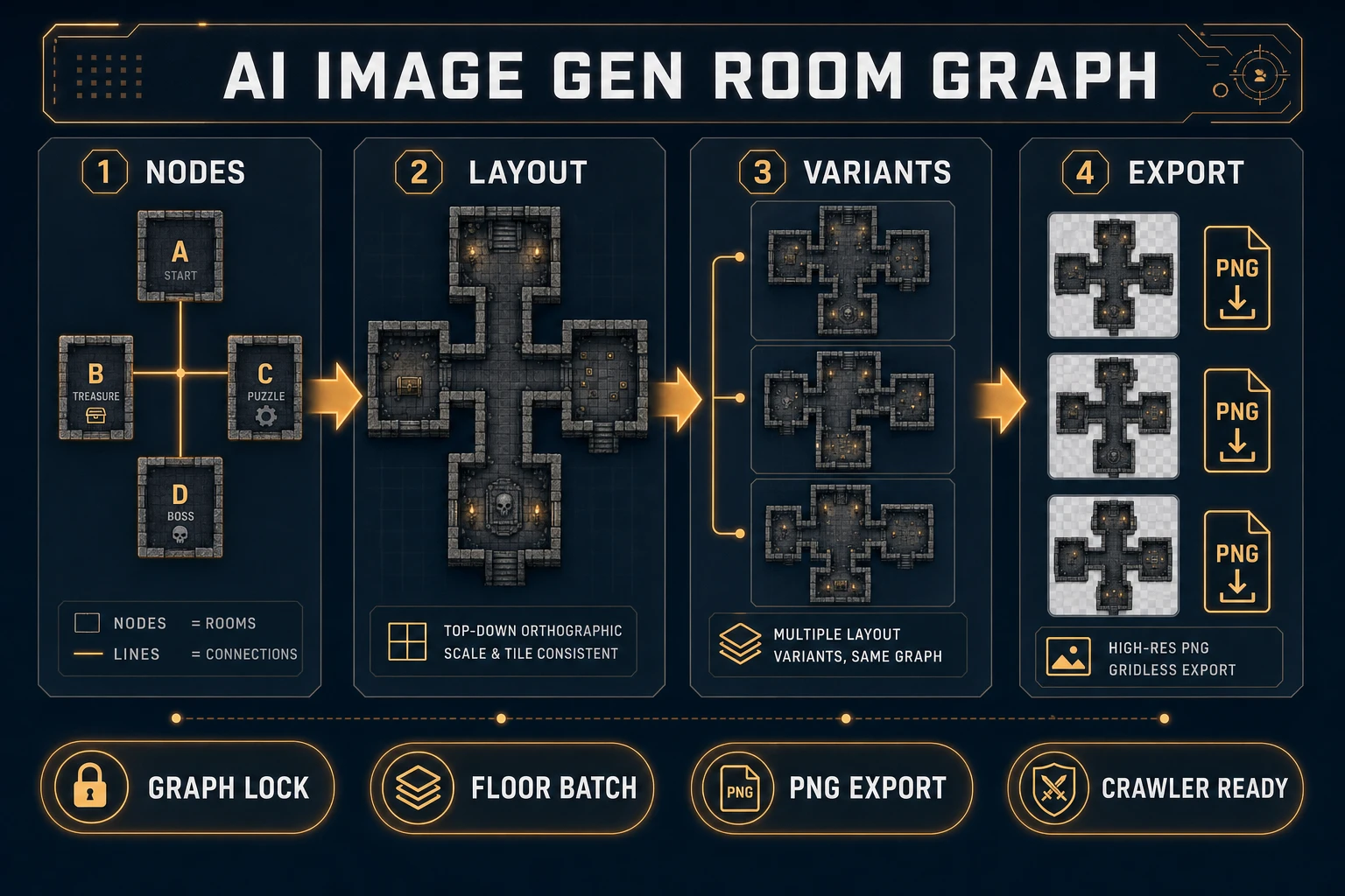 Dungeon map generator room graph card and AI Image Gen top-down layout batch, verified July 17, 2026