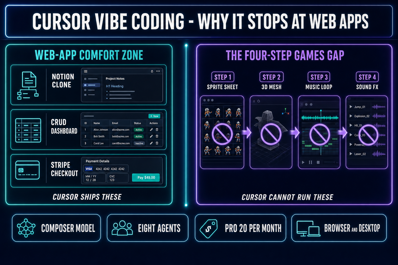 Cursor vibe coding diagram showing the web-app comfort zone (Notion clone, CRUD dashboard, Stripe checkout) on one side and the games gap (sprite sheet, 3D mesh, music, sound) on the other, bridged by the WizardGenie plus Sorceress asset stack