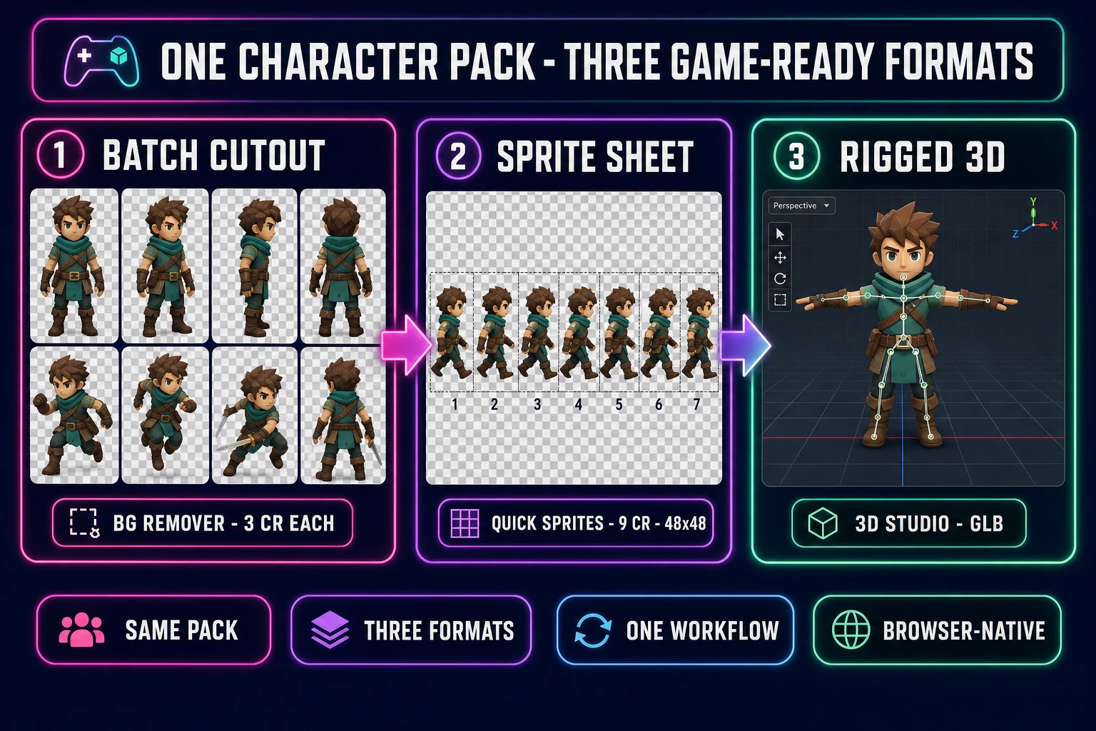 Diagram showing one character pack transformed into three game-ready formats - eight cutout frames from BG Remover at 3 credits each, an 8-frame walk cycle sprite sheet from Quick Sprites at 9 credits and 48 by 48 pixels, and a rigged 3D model in T-pose from 3D Studio - on a dark navy background with magenta, purple, and emerald accents