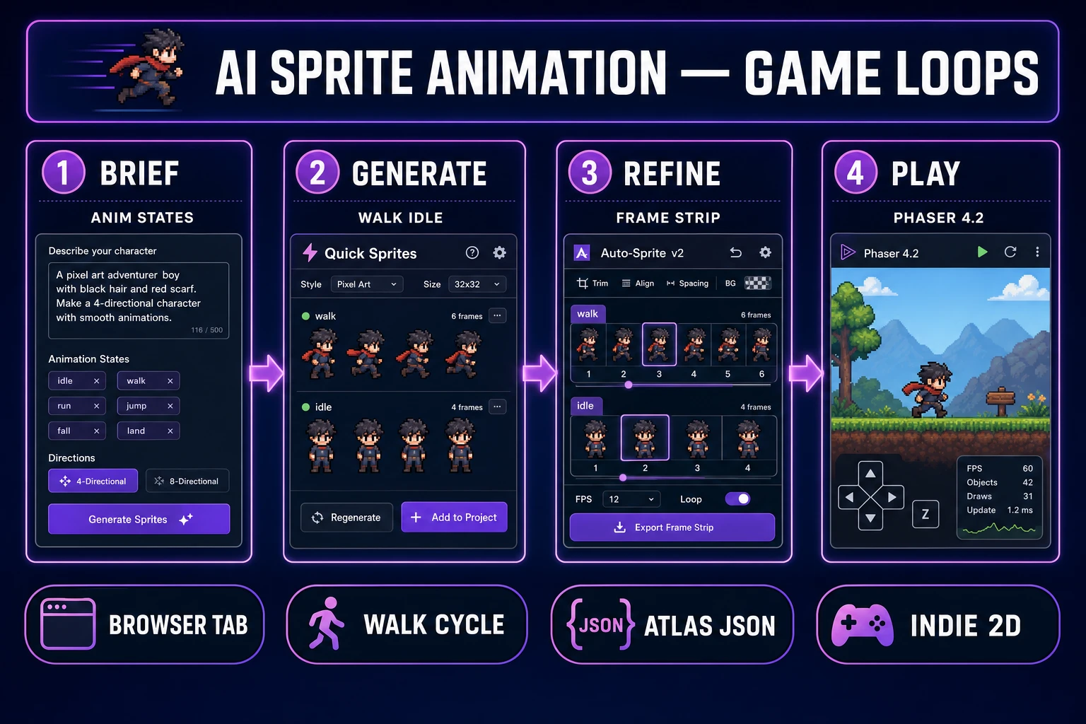 Ai sprite animation pipeline diagram with Quick Sprites, Auto-Sprite v2, and Phaser 4.2 atlas playback