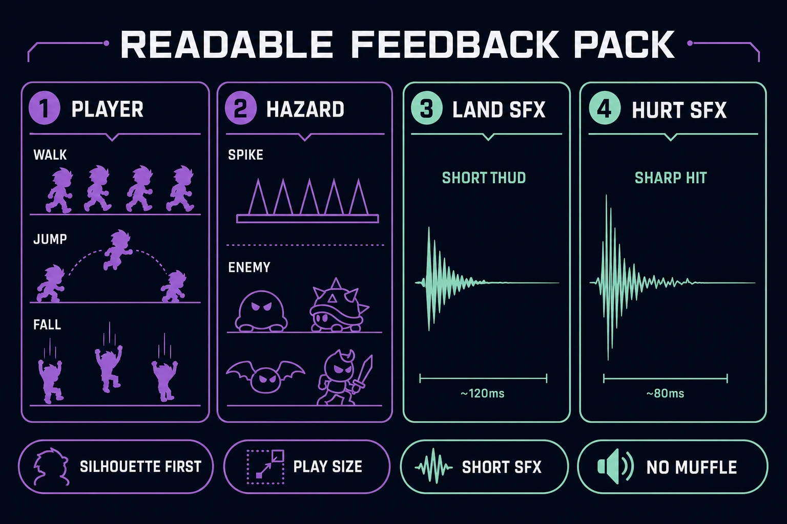 Quick Sprites player and hazard silhouettes beside short land and hurt sound waveforms for platformer feedback