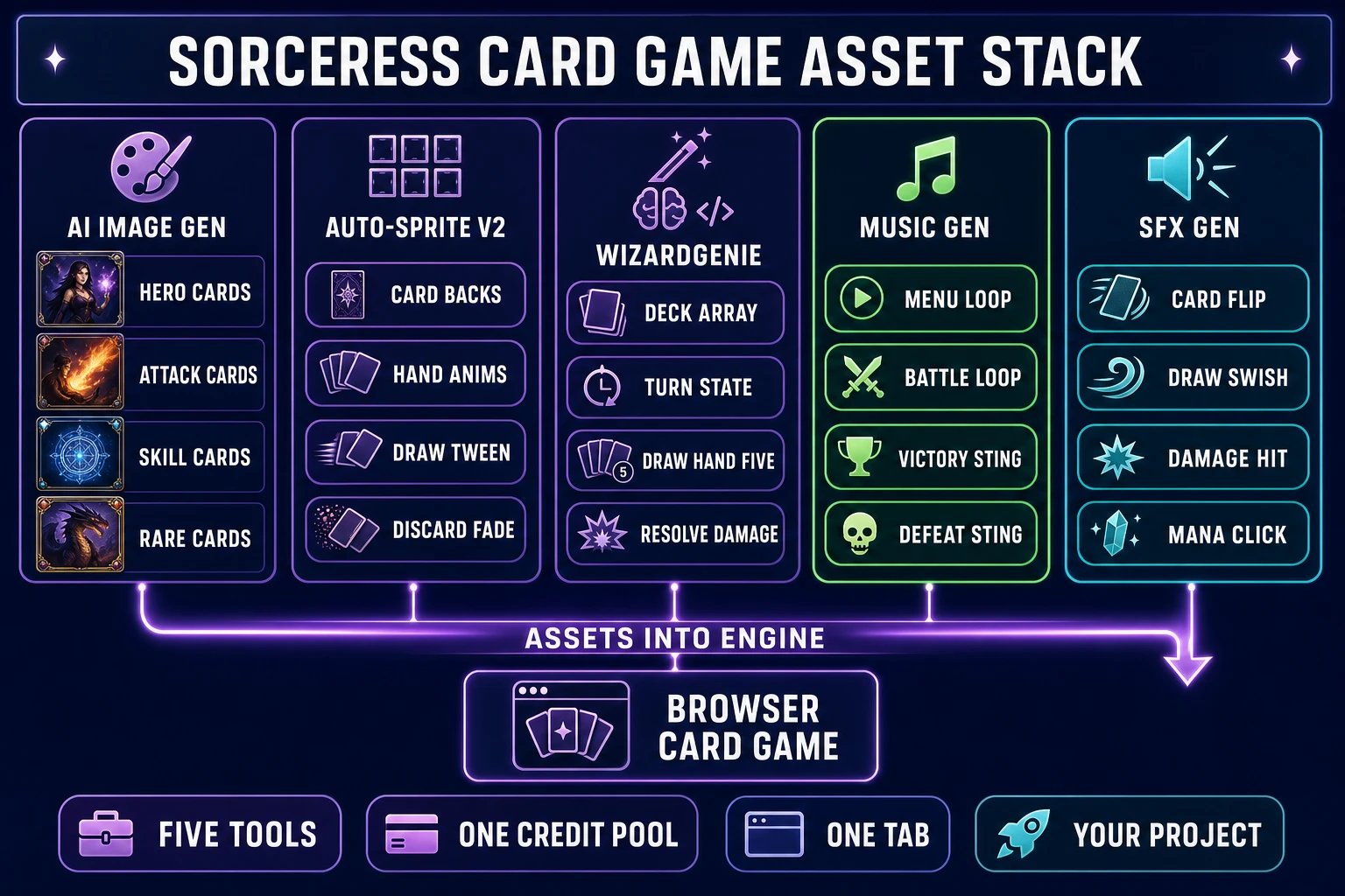 Sorceress card game asset stack infographic - five columns showing AI Image Gen for card faces, Auto-Sprite v2 for animations, WizardGenie for deck logic, Music Gen for loops, SFX Gen for hits