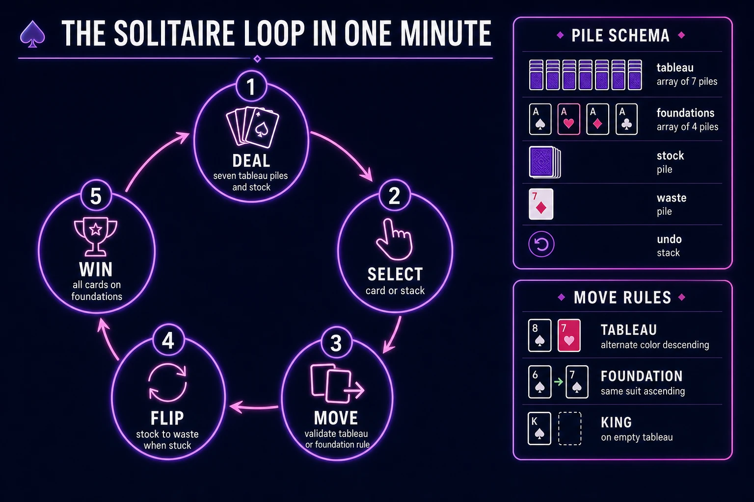Klondike solitaire game loop state machine diagram showing deal, select, move, flip stock, and win nodes with pile schema and move rules panel