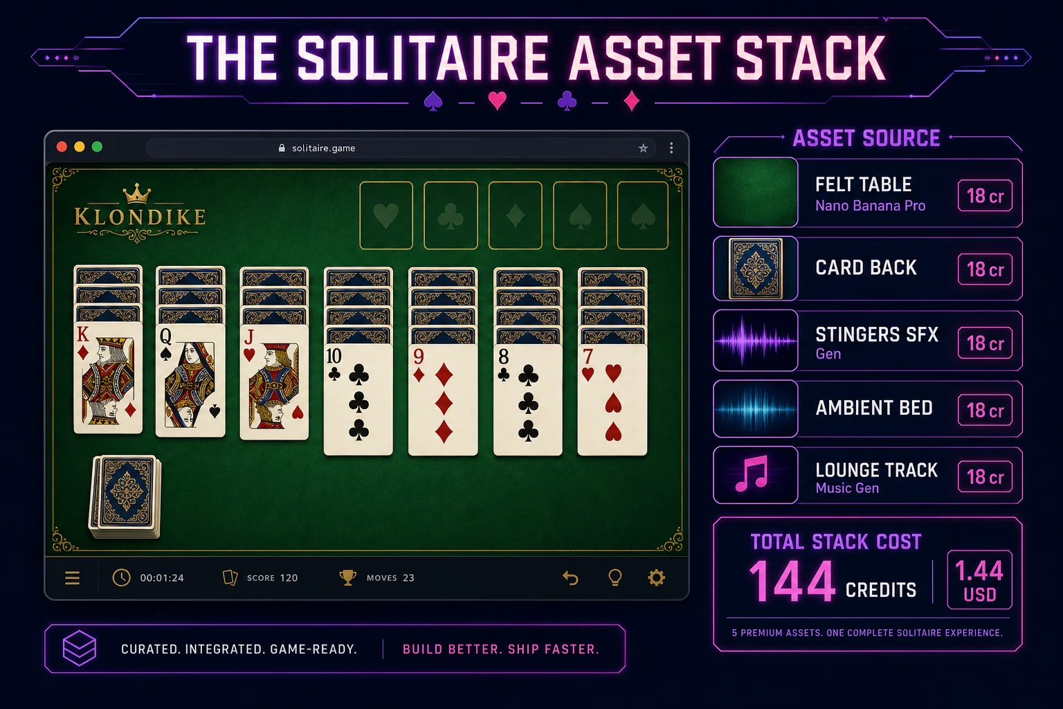 Solitaire game asset stack showing a Klondike browser layout next to asset tiles for felt table, card back, stingers, ambient bed, and music tracks