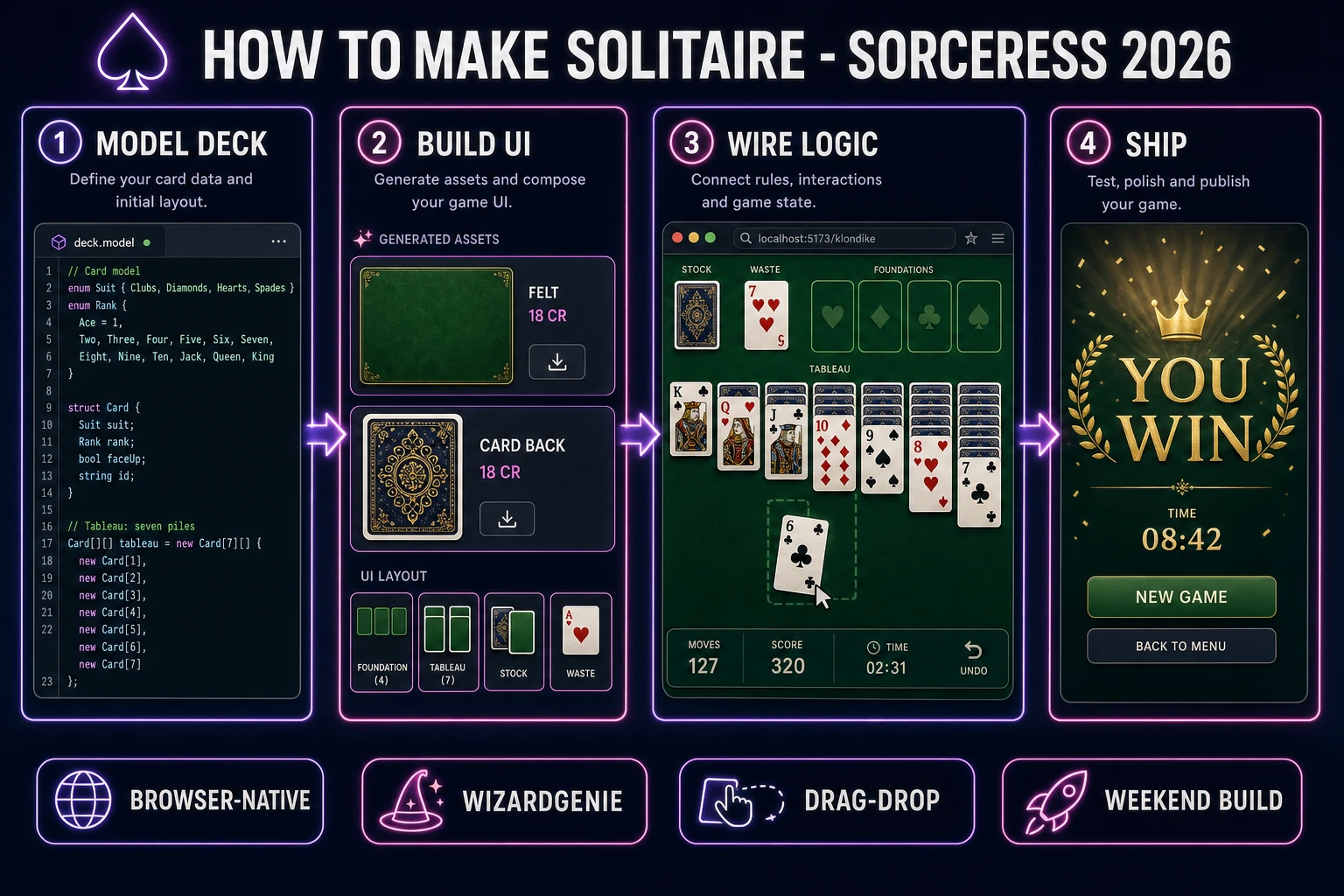 How to make solitaire browser pipeline: model a Klondike deck with seven tableau piles, wire drag-drop in WizardGenie, and ship a browser build