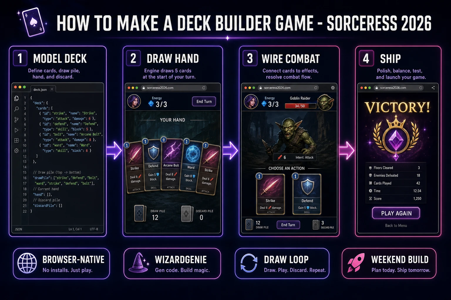 How to make a deck builder game browser pipeline: model draw hand and discard piles, wire turn combat in WizardGenie, and ship a browser draw loop