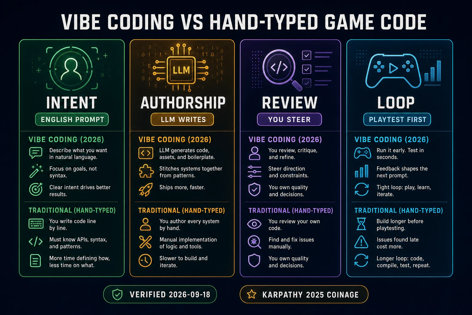 What is vibe coding versus traditional hand-typed game programming comparison chart 2026