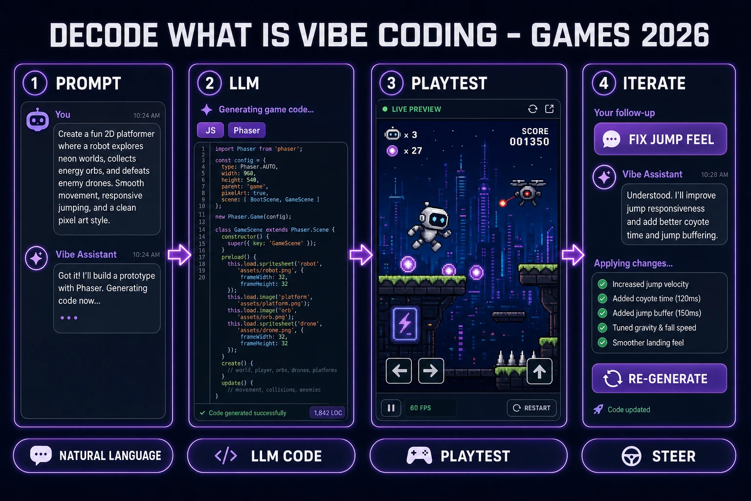 Decode what is vibe coding games 2026 pipeline prompt LLM playtest iterate on WizardGenie