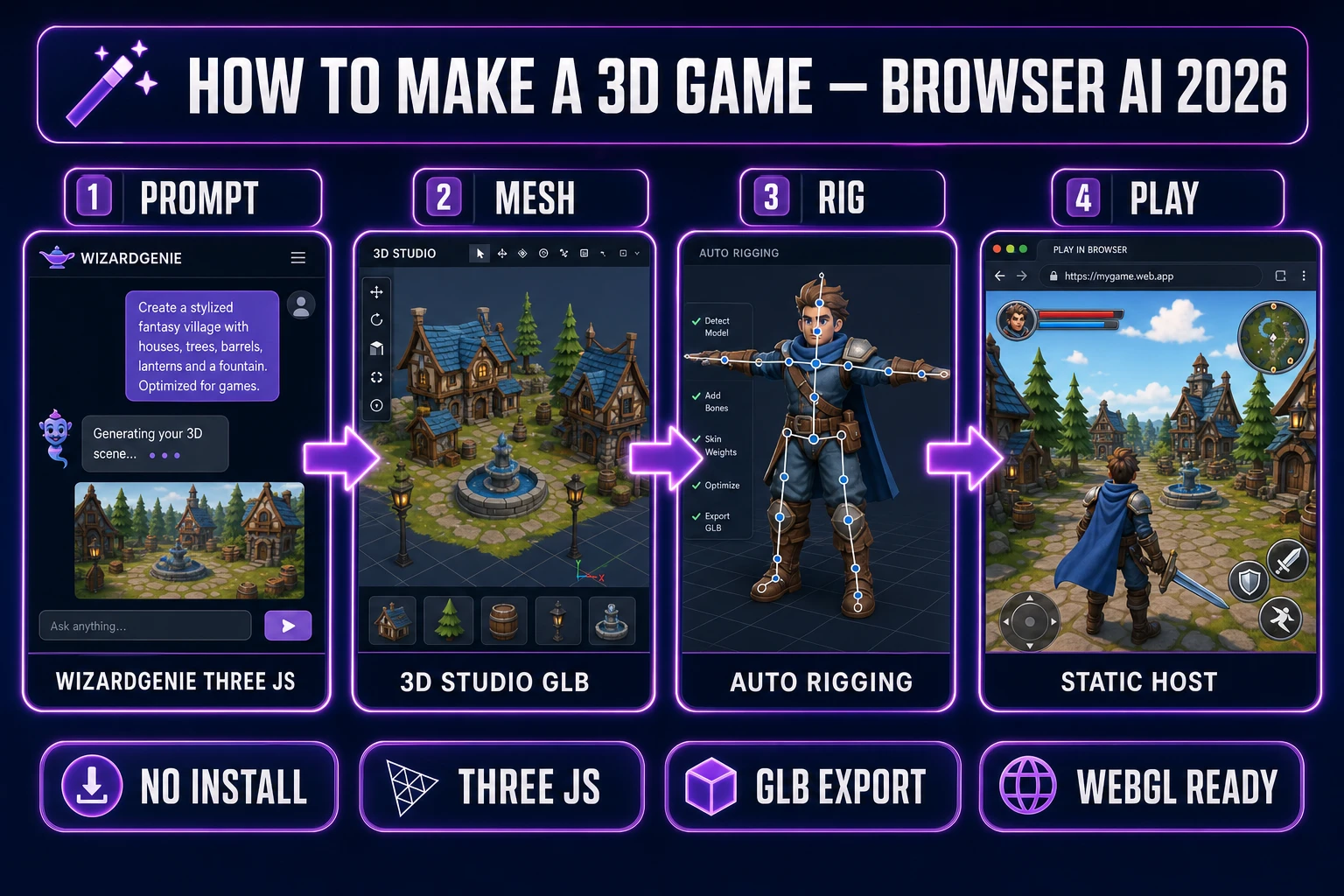 How to make a 3d game in 2026 — four-step browser AI pipeline from WizardGenie prompt through 3D Studio meshes and Auto-Rigging to WebGL host, verified July 5, 2026