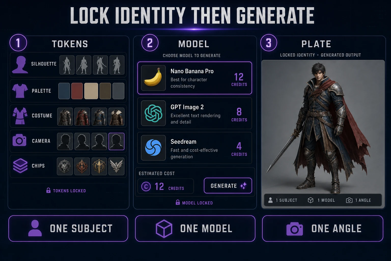 Scorecard for locking identity tokens, choosing one image model, and generating a single hero plate