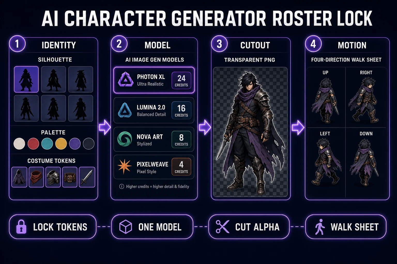 AI character generator roster lock pipeline from identity tokens through image gen cutout to walk sheet