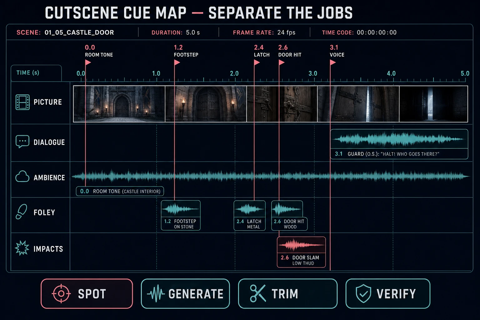 AI video generator with sound effects cue map separating picture, dialogue, ambience, Foley, and impacts on a cutscene timeline