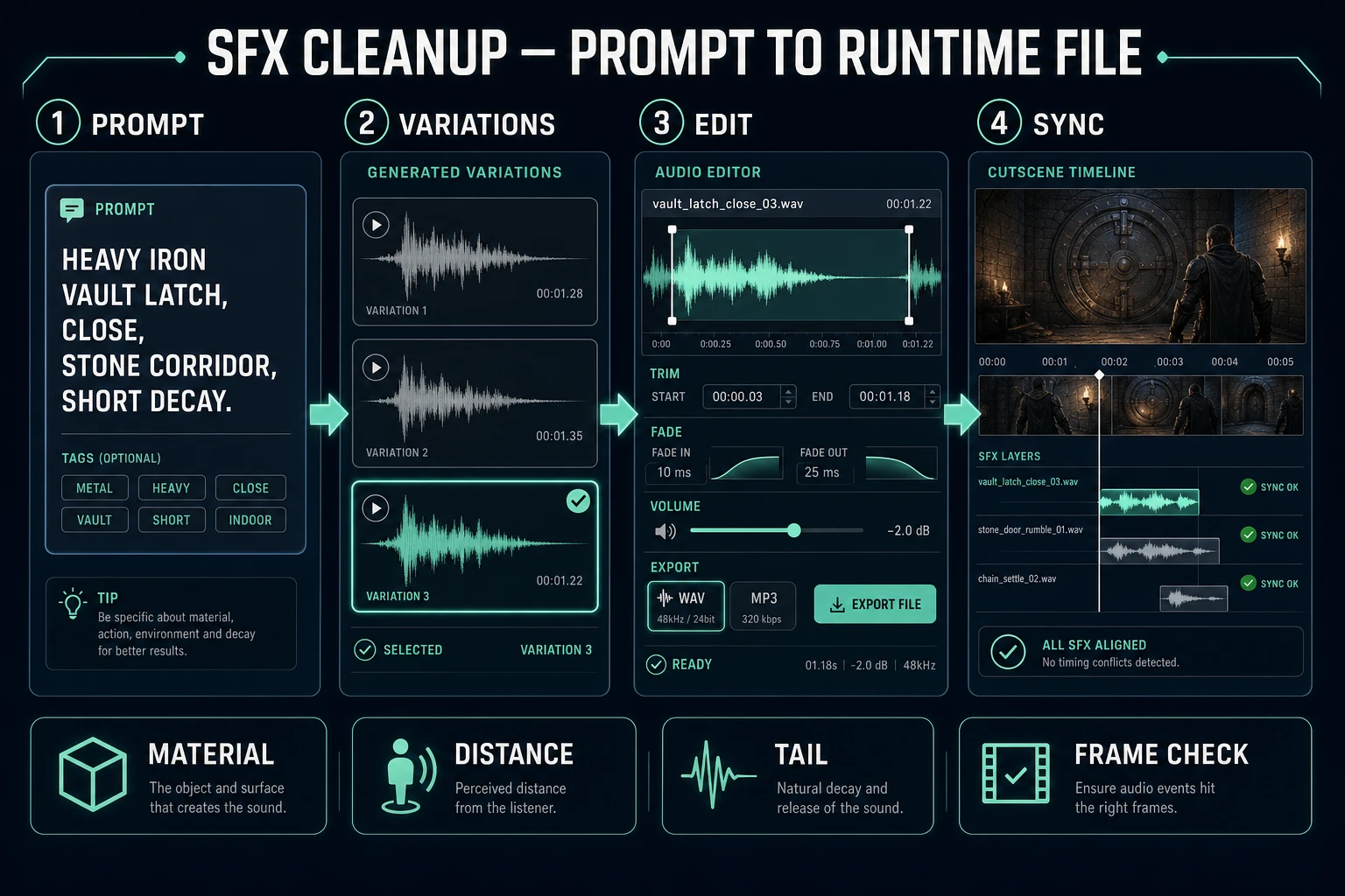 AI video generator with sound effects cleanup workflow showing a precise SFX prompt, waveform variations, trim and fade controls, and runtime synchronization