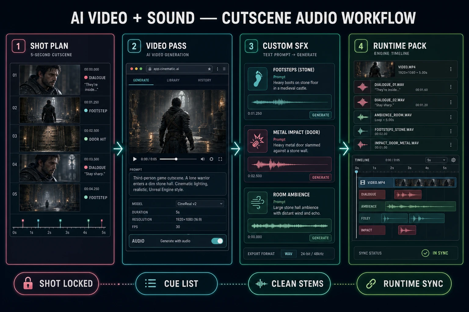AI video generator with sound effects workflow from shot plan through native audio, custom SFX, cleanup, and runtime synchronization