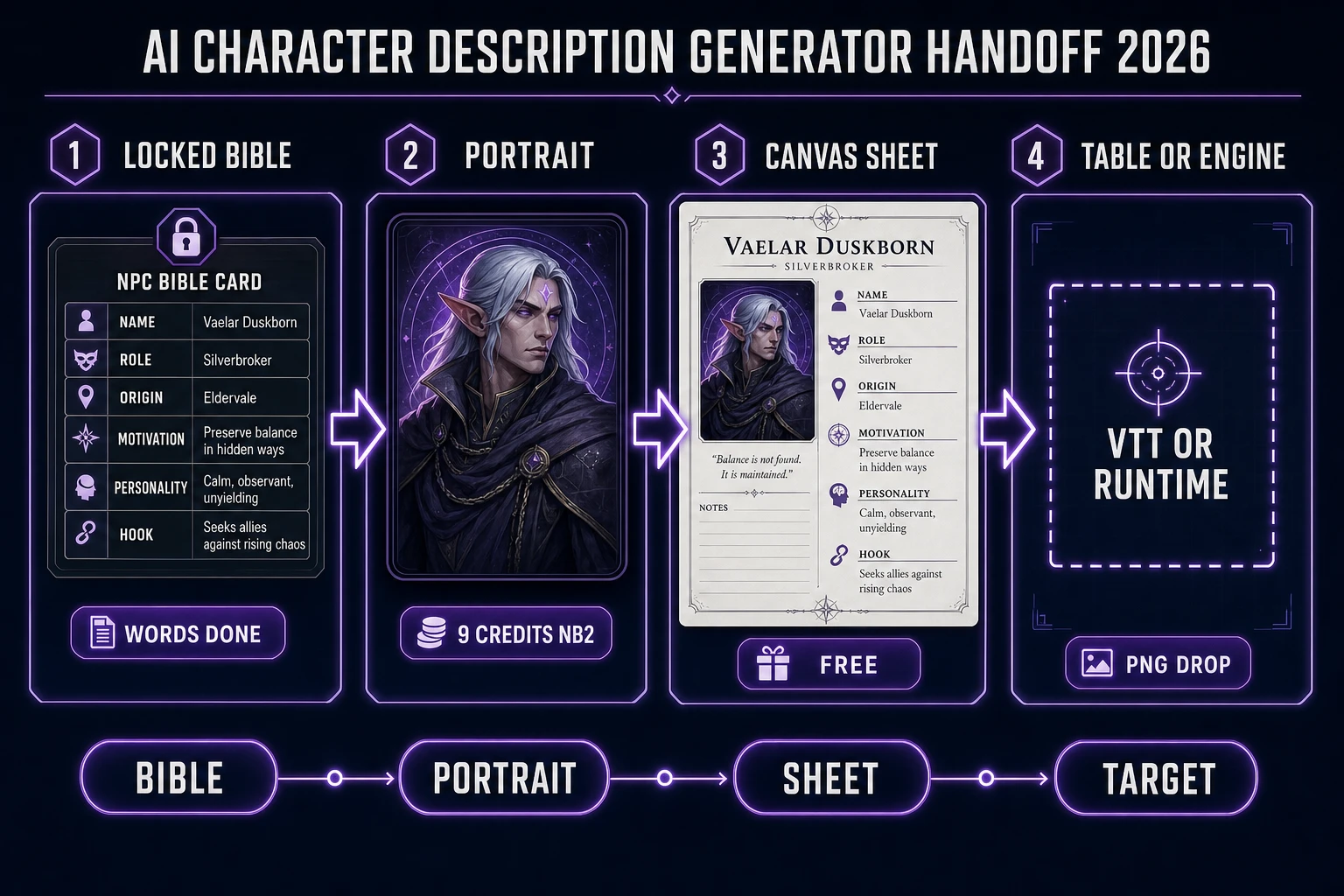 AI character description generator handoff: locked bible, portrait, Canvas sheet, tabletop or engine target