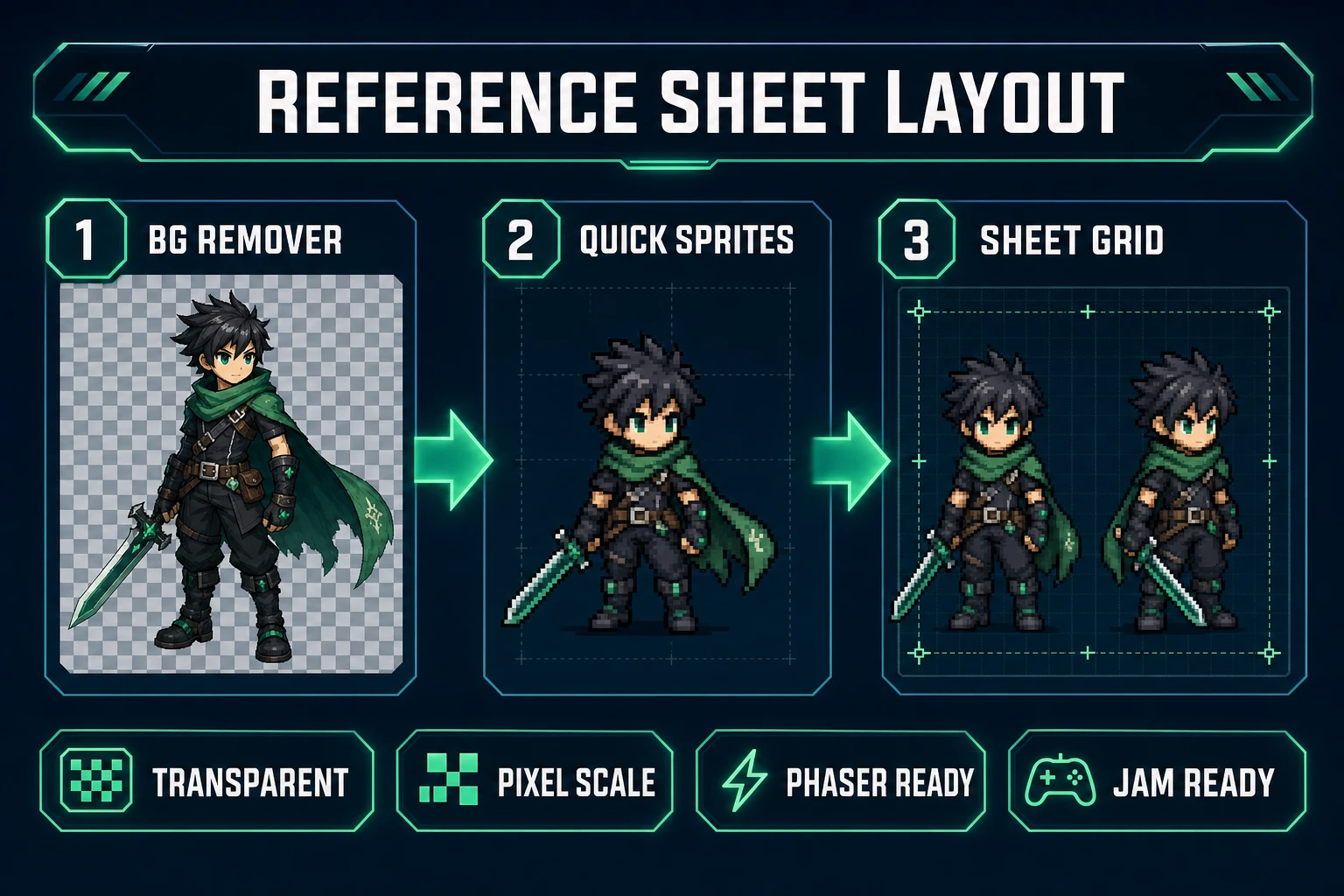 Reference sheet layout pipeline for ai character sheet generator — BG Remover transparent PNG, Quick Sprites pixel normalization, and front side three-quarter grid