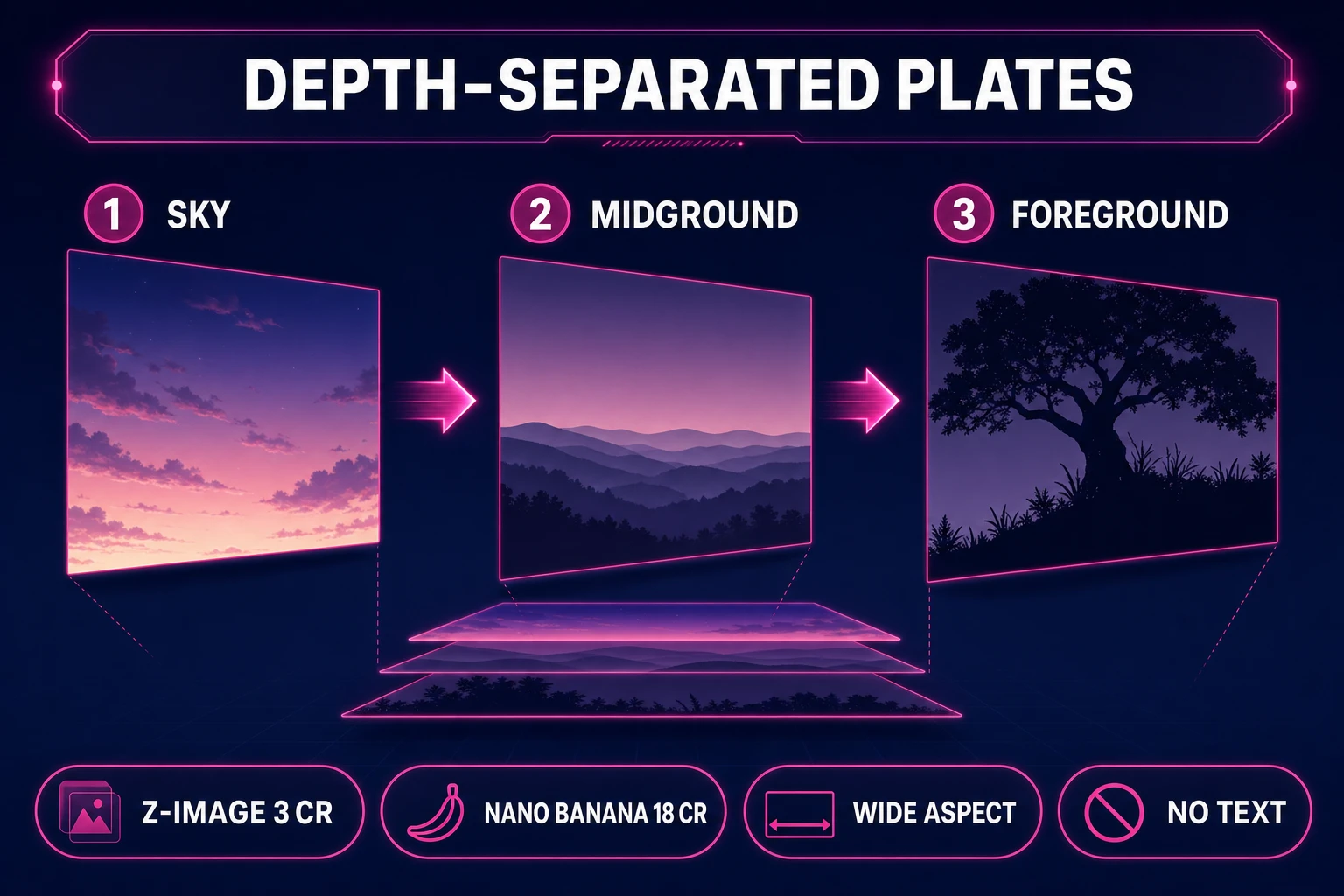 AI Image Gen depth-separated plates for parallax ai workflow — sky gradient, rolling hills midground, and tree silhouette foreground