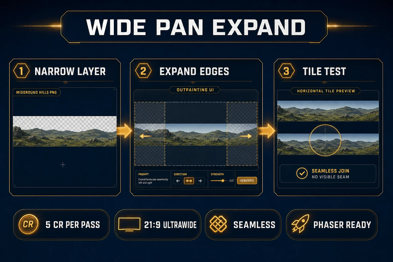Image Expander wide pan pipeline for parallax ai — narrow midground layer, outpainting UI with extended canvas, and seamless horizontal tile test